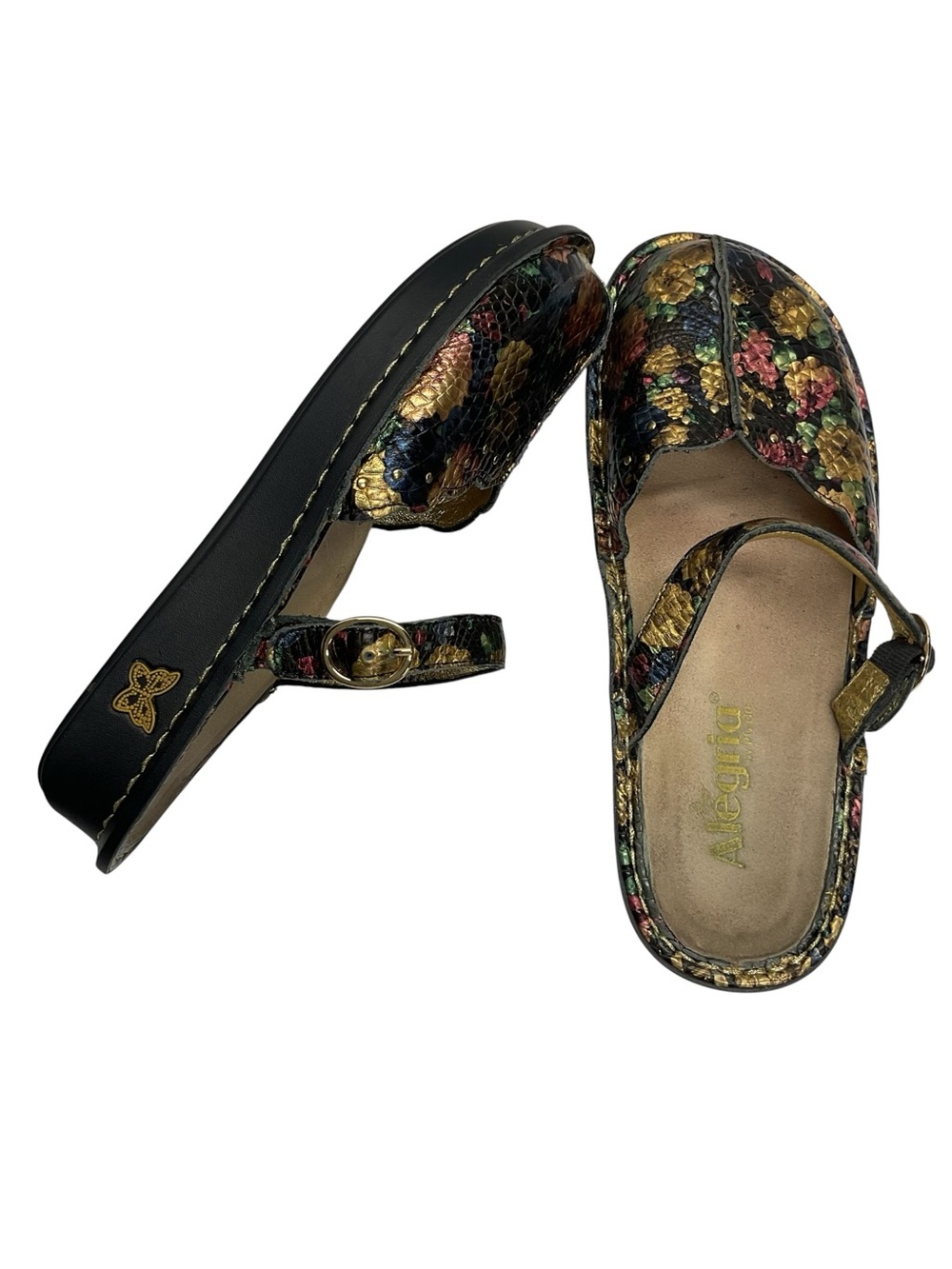 Alegria Mary Jane Leather Slip on Mules Sz 38 Floral Metallic Multicolor Comfort